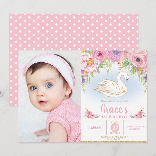 Swan Princess Birthday Floral Girl Photo Invitation (Front/Back)