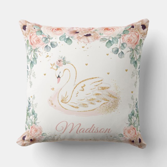Swan Princess Blush Peach Pink Floral Greenery Cushion (Front)
