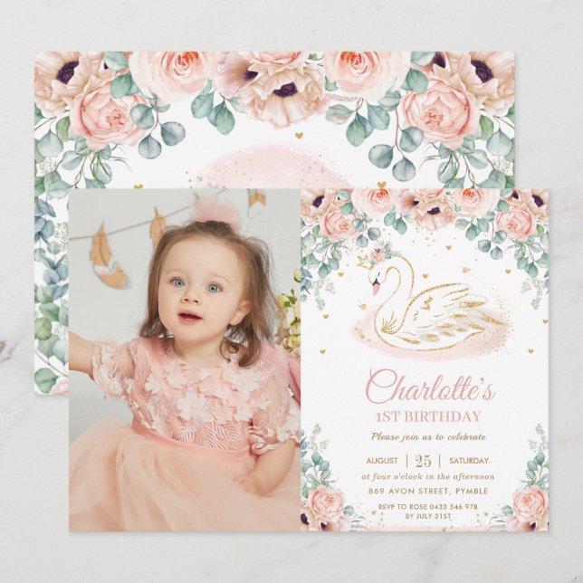 Swan Princess Blush Pink Floral 1st Birthday Photo Invitation (Front/Back)