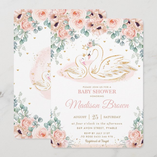 Swan Princess Blush Pink Poppy Floral Baby Shower  Invitation (Front/Back)