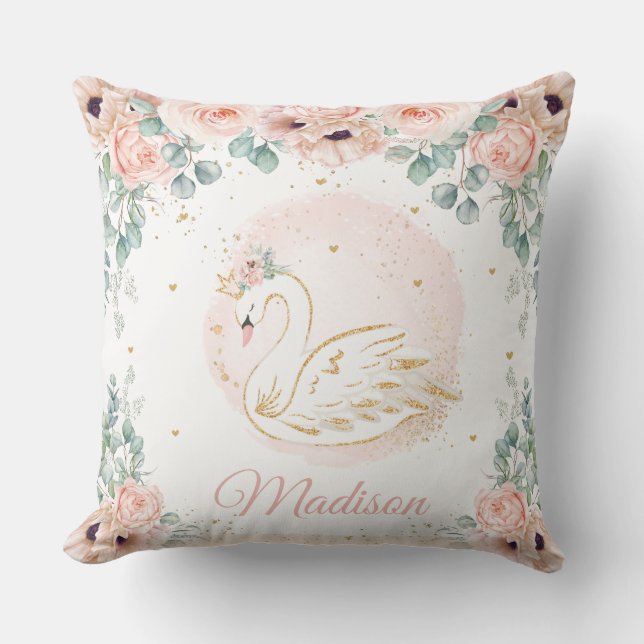 Swan Princess Blush Pink Poppy Floral Greenery Cushion (Front)