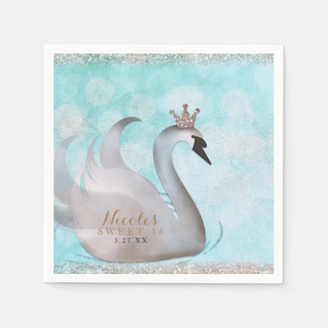 Swan Princess Faux Gold Glitter Fairy Tale Party Napkin (Front)