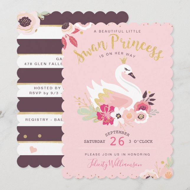 Swan Princess Florals & Greenery Girl Baby Shower Invitation (Front/Back)