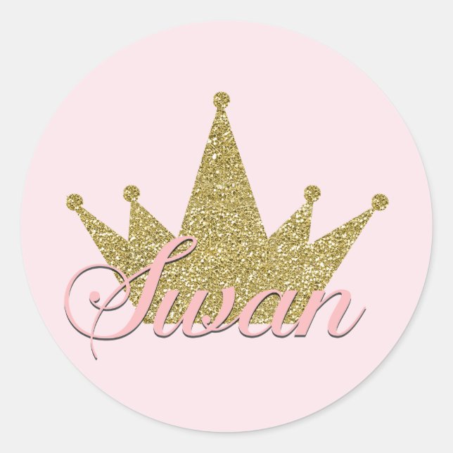 Swan Princess Gold Glitter Crown Birthday Party Classic Round Sticker (Front)