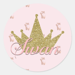 Swan Princess Gold Glitter Crown Birthday Party Classic Round Sticker