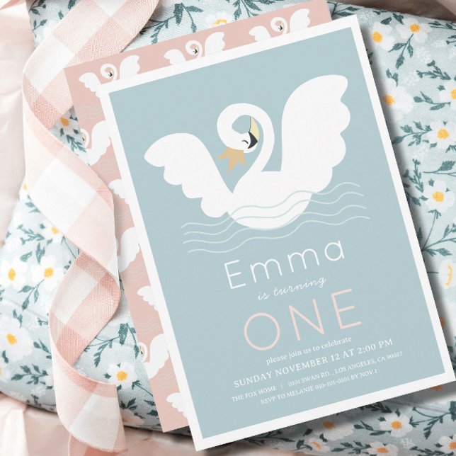 Swan Princess Modern Blue Girl 1st Birthday Invitation (Creator Uploaded)