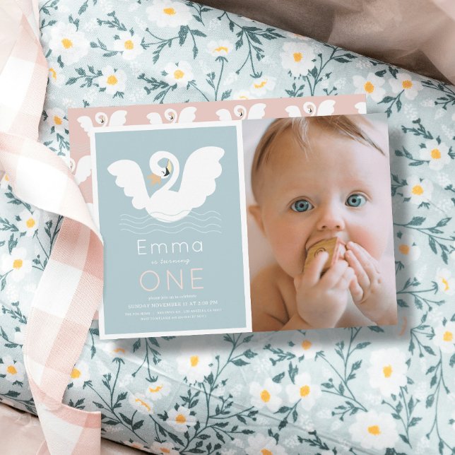 Swan Princess Modern Blue Girl 1st Birthday Photo Invitation (Creator Uploaded)