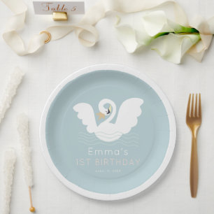 Swan Princess Modern Blue Girl Birthday Paper Plate
