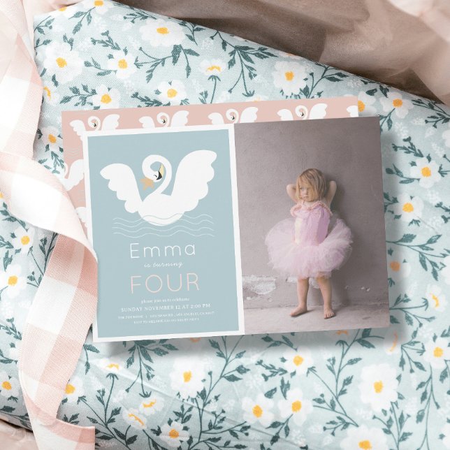 Swan Princess Modern Blue Girl Birthday Photo Invitation (Creator Uploaded)