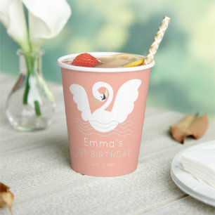 Swan Princess Modern Pink Girl Birthday Paper Cups