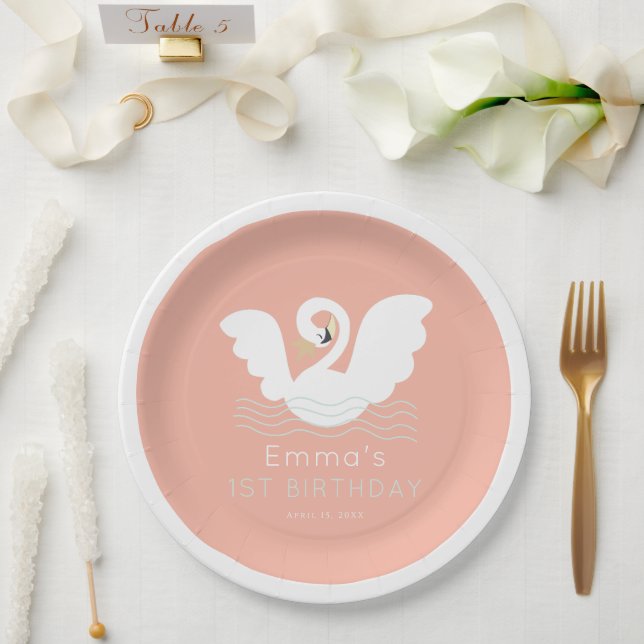 Swan Princess Modern Pink Girl Birthday Paper Plate (Wedding)