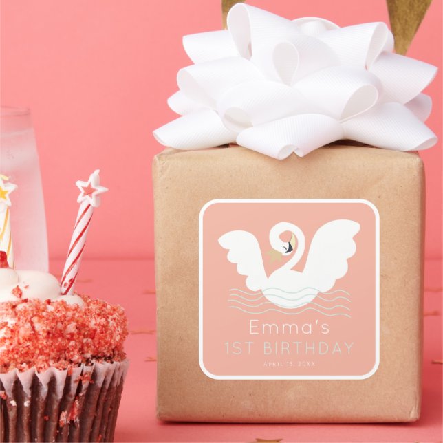 Swan Princess Modern Pink Girl Birthday Square Sticker (Party)