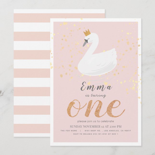 Swan Princess Pink Girl 1st Birthday Invitation (Front/Back)