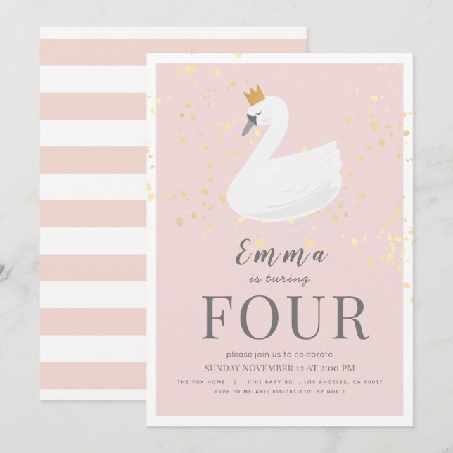 Swan Princess Pink Girl Birthday Invitation (Front/Back)