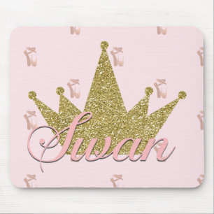 Swan Princess Pink & Gold Glitter Crown Glam Mouse Mat