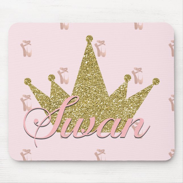 Swan Princess Pink & Gold Glitter Crown Glam Mouse Mat (Front)