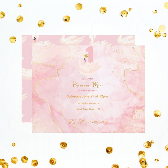 Swan Princess Pink & Gold Watercolor 1st Birthday  (Creator Uploaded)