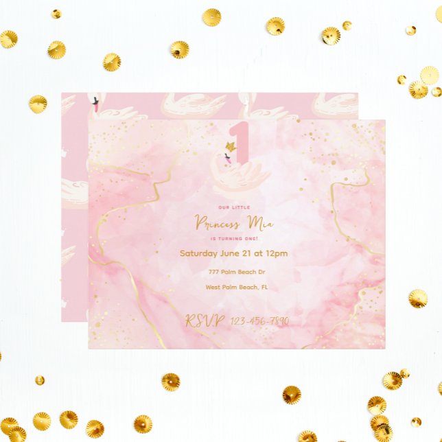 Swan Princess Pink & Gold Watercolor 1st Birthday  Invitation (Creator Uploaded)