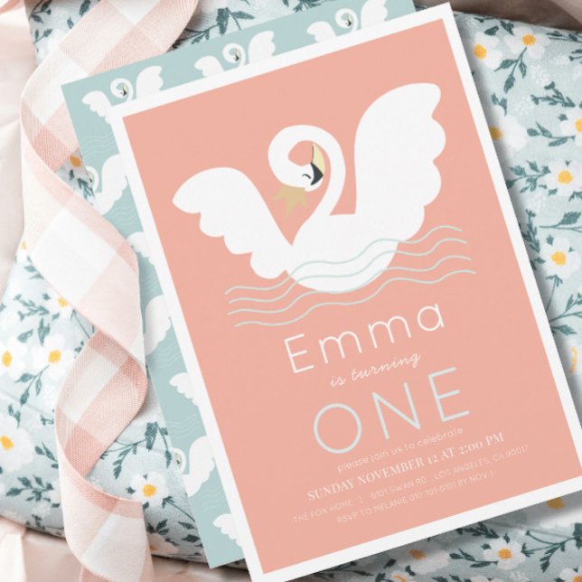 Swan Princess Pink Modern Girl 1st Birthday Invitation (Creator Uploaded)