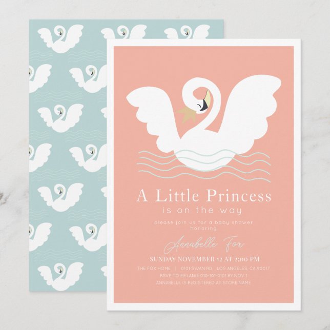 Swan Princess Pink Modern Girl Baby Shower Invitation (Front/Back)