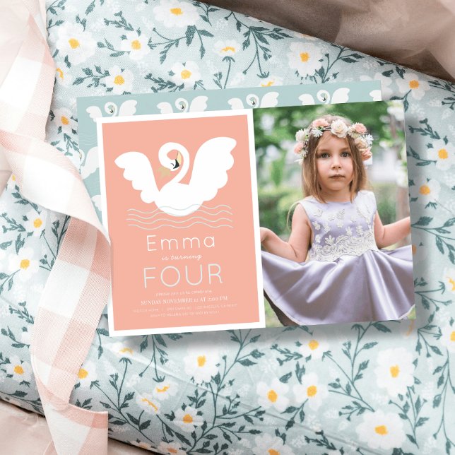 Swan Princess Pink Modern Girl Birthday Photo Invitation (Creator Uploaded)