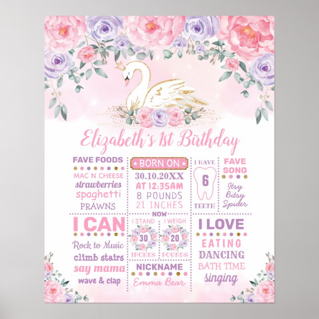 Swan Princess Pink Purple 1st Birthday Milestone Poster (Front)