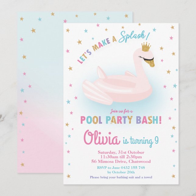 Swan Princess Pool Party Birthday Girl Floatie Invitation (Front/Back)