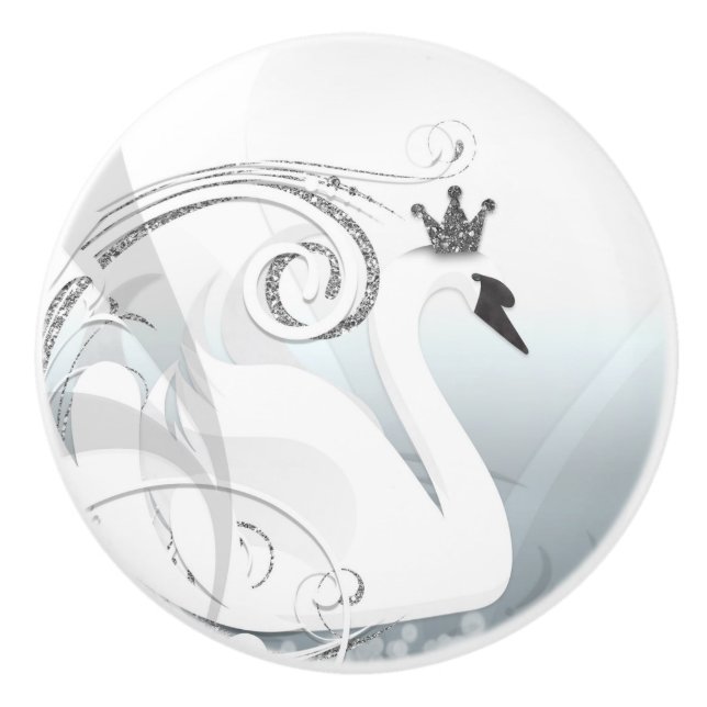 Swan Princess Silver & White Elegant Chic Ceramic Knob (Front)