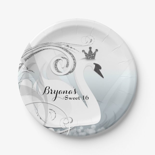 Swan Princess Silver & White Elegant Custom Party Paper Plate (Front)