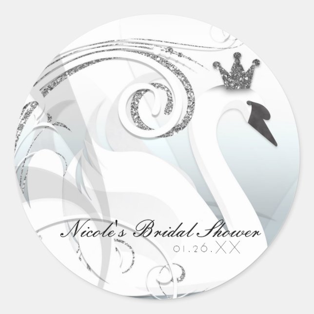 Swan Princess Silver & White Elegant Party Favour Classic Round Sticker (Front)