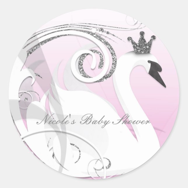 Swan Princess Silver White Pink Baby Shower Favour Classic Round Sticker (Front)