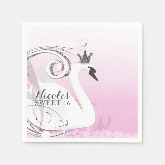 Swan Princess Silver White Pink Baby Shower Favour Napkin (Front)