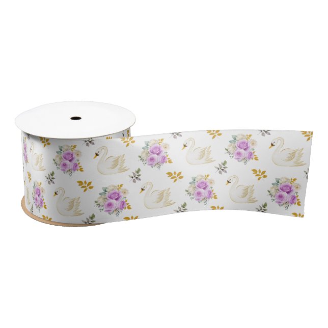 Swan Purple and Gold Floral Roses Satin Ribbon (Spool)