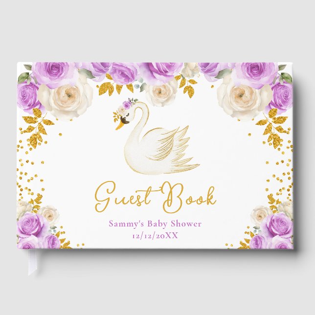 Swan Purple and Gold Roses Baby Shower Guest Book (Front)