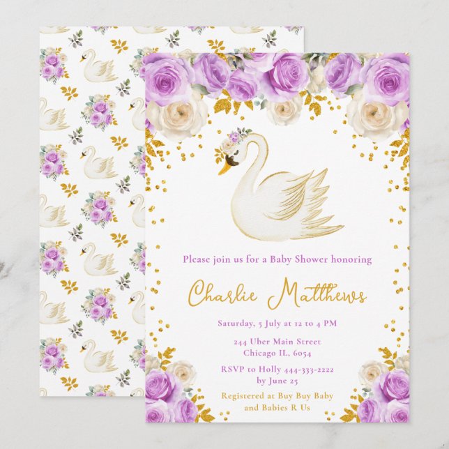 Swan Purple and Gold Roses Baby Shower Invitation (Front/Back)
