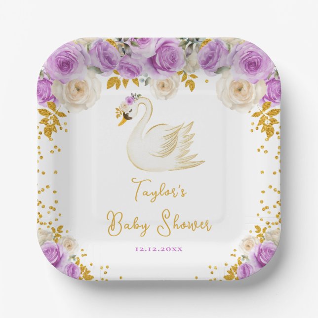 Swan Purple and Gold Roses Baby Shower Paper Plate (Front)