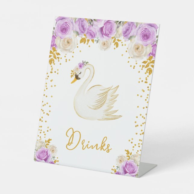 Swan Purple and Gold Roses Baby Shower Pedestal Sign (Front)