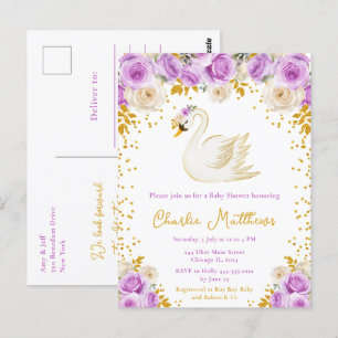 Swan Purple and Gold Roses Baby Shower Postcard