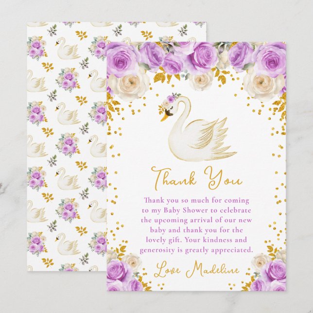 Swan Purple and Gold Roses Baby Shower Thank You Card (Front/Back)