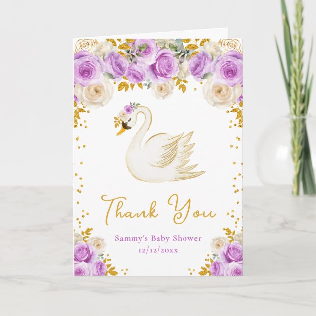 Swan Purple and Gold Roses Baby Shower Thank You Card (Front)