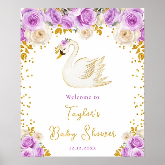 Swan Purple and Gold Roses Baby Shower Welcome Poster (Front)