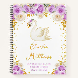 Swan Purple and Gold Roses Birth Statistics Notebook