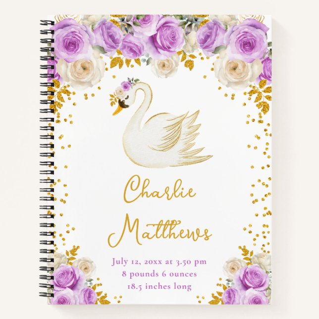 Swan Purple and Gold Roses Birth Statistics Notebook (Front)