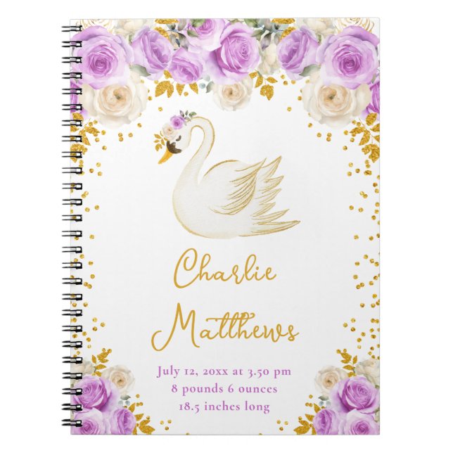 Swan Purple and Gold Roses Birth Statistics Notebook (Front)
