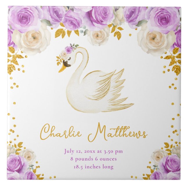 Swan Purple and Gold Roses Birth Statistics Tile (Front)