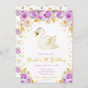 Swan Purple and Gold Roses Birthday Party Invitation