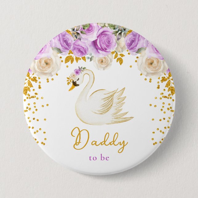Swan Purple and Gold Roses Daddy To Be 7.5 Cm Round Badge (Front)