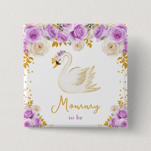 Swan Purple and Gold Roses Mommy To Be 15 Cm Square Badge