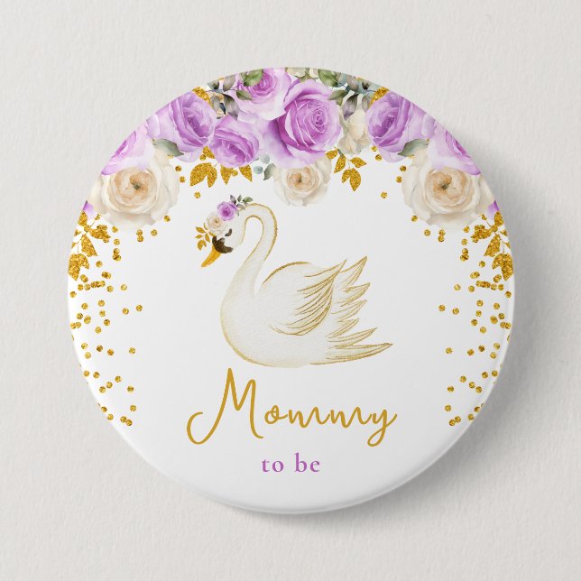 Swan Purple and Gold Roses Mummy To Be 7.5 Cm Round Badge (Front)