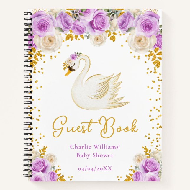 Swan Purple Gold Roses Baby Shower Guest Book (Front)